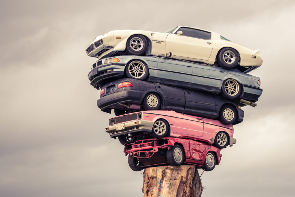 "Totem Pole" of Stacked Cars in Vancouver, BC.
