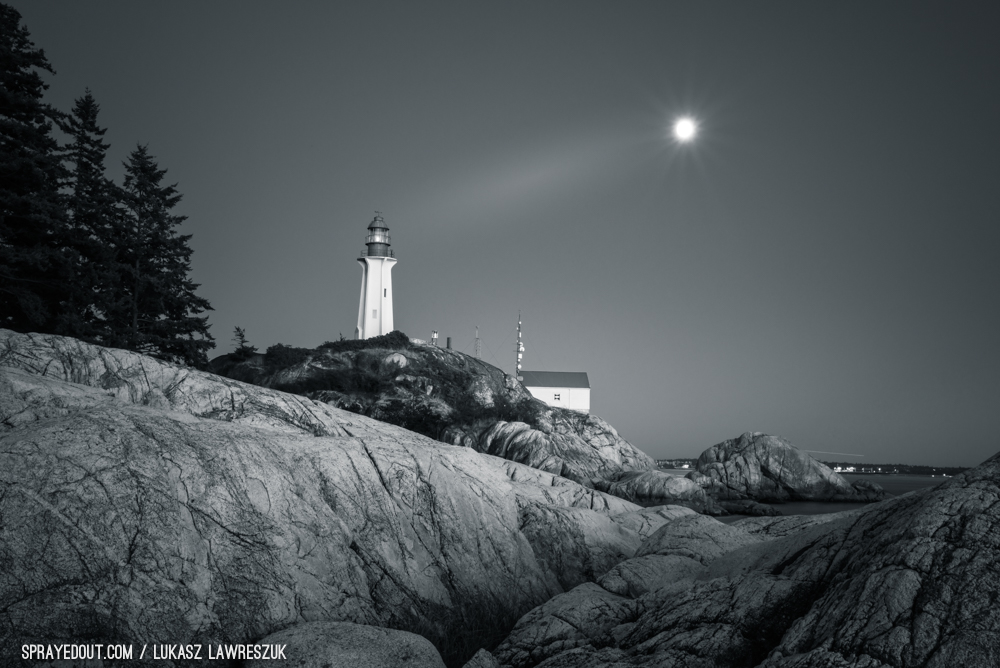 Lighthouse & Moon Conversation in Black & White