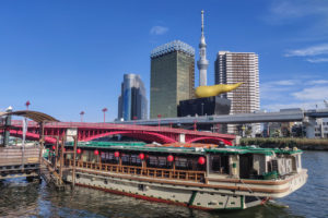 Tokyo Skytree, Asahi Flame & Japanese Boat on Sumida River