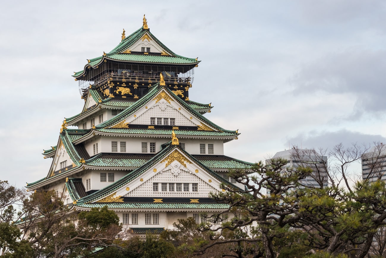 Osaka Castle Closeup View from Japanese Garden in the Park.
