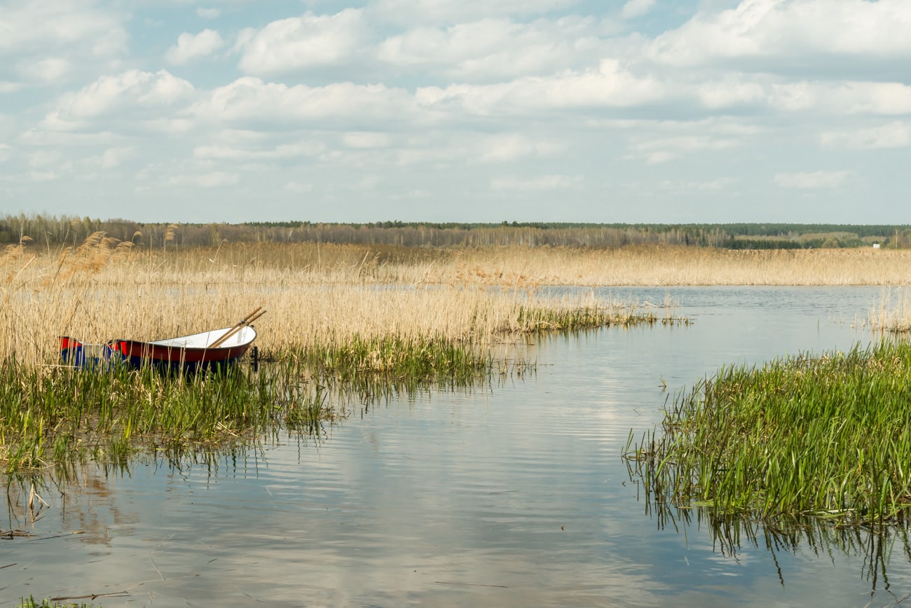 A boat on a Siemianowka Reservoir in Podlaskie, summer landscape.