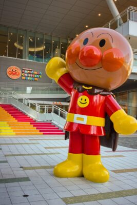 Giant Anpanman statue outside Yokohama Anpanman Children’s Museum in Yokohama, Japan, museum entrance.